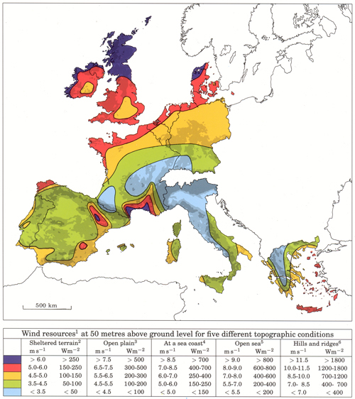 Figure 2.1 European Wind Atlas, Onshore, Source, Ris National Laboratory, Denmark, see Appendix E for colour version  