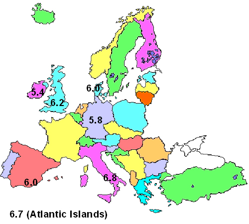 Figure 2.9 Wind Map of Europe inter annual variations.  Shown as standard deviation as a percentage of mean, Source Garrad Hassan  
